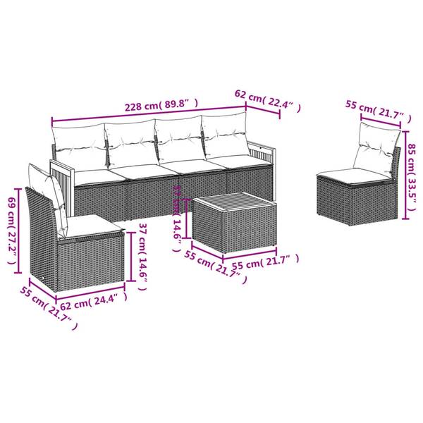 Garten-Lounge-Set 3034987-2 7-teilig Beige - Grau - Polyrattan - 55 x 69 x 62 cm