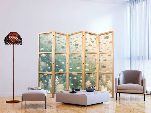 Paravent Fisch Korallenriff 5-tlg Beige - Braun - Grün - Holzwerkstoff - Textil - 225 x 172 x 3 cm