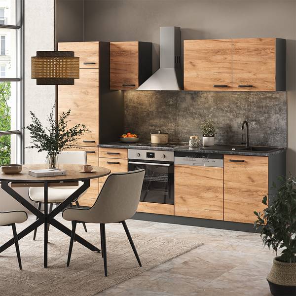 Complete keukeneenheid Optima 55574 bruin - grijs - plaatmateriaal op houtbasis - 270 x 82 x 58 cm