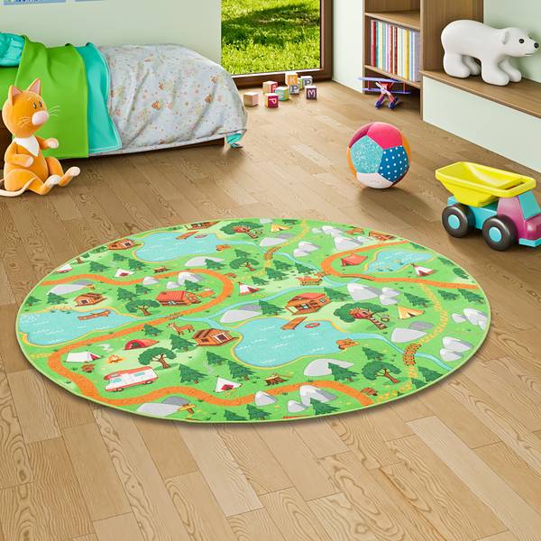 Kinder Spiel Teppich Campingplatz Rund Grün - Textil - 160 x 1 x 160 cm