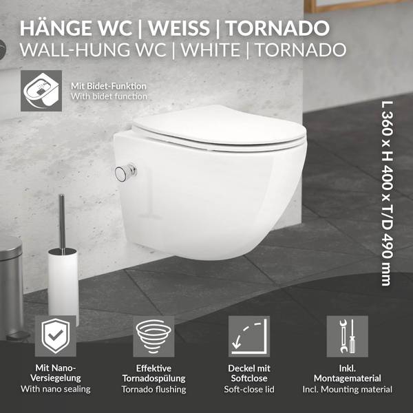 Wand-WC mit Bidet-Funktion FLORENZ Weiß - 49 x 36 cm