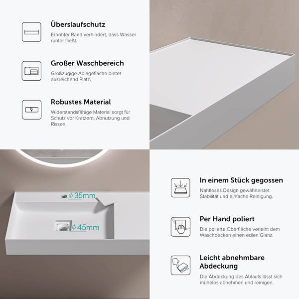 Waschbecken Col630MW-1200M Weiß - 45 x 12 x 120 cm