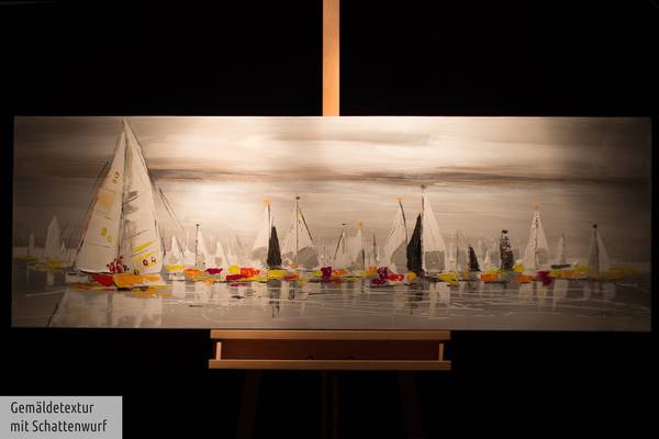 Tableau peint à la main Flotte Voiliers Gris - Coton - 150 x 50 x 4 cm