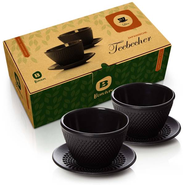 2er Set Gusseisen Teetassen+Untersetzer Schwarz - Gusseisen - 11 x 8 x 21 cm