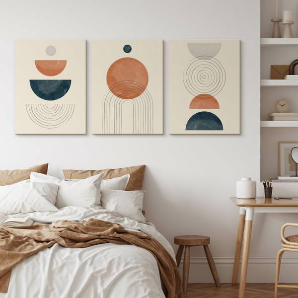 Leinwandbilder KREISE Boho 3-er Set Beige - Schwarz - Blau - Braun - Orange - Türkis - Leinen - 90 x 40 x 40 cm