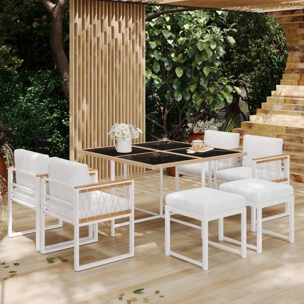 Garten-Essgruppe Anemoi 7-tlg Schwarz - Weiß - Polyester - Webstoff - Akazie - Eisen - 158 x 74 x 230 cm