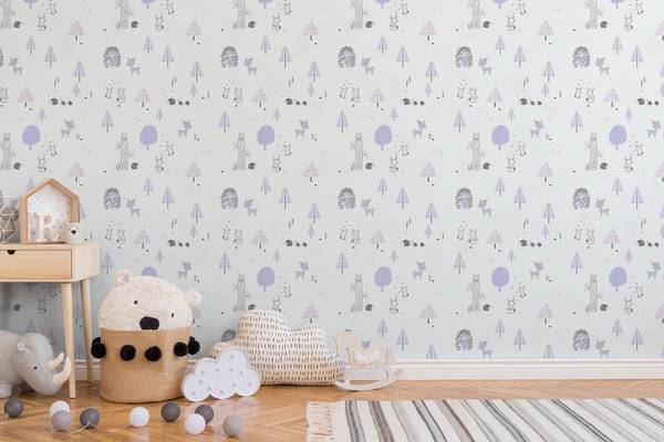 Kinderzimmertapete Tiere Lila Weiß Grau Schwarz - Grau - Violett - Weiß