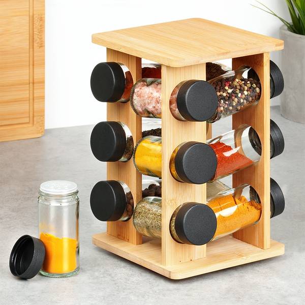 Drehbarer Gewürzständer 13-tlg. Set Braun - Bambus - Glas - Kunststoff - 15 x 24 x 15 cm