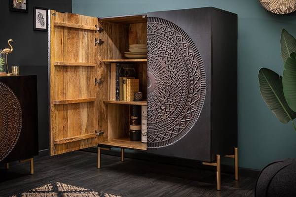 Highboard MANDALA Schwarz - Mango - 100 x 120 x 38 cm