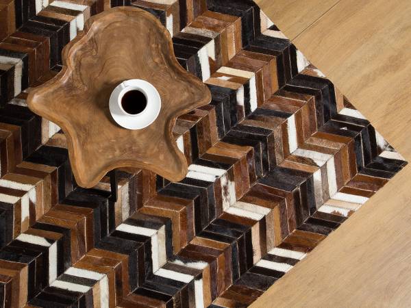 Teppich BALAT Beige - Schwarz - Braun - Echtleder - 160 x 160 x 160 cm
