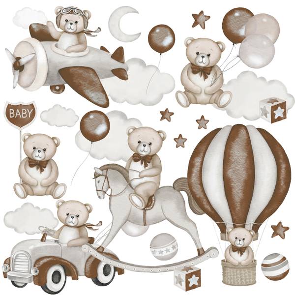 29‑er Set Aufkleber Bären Ballons Wolken Beige - Braun - Grau - PVC - 120 x 60 x 60 cm