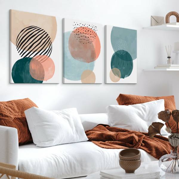 Leinwandbilder KREISE Boho 3-er Set Schwarz - Blau - Grün - Silber - Türkis - Weiß - Leinen - 90 x 40 x 40 cm