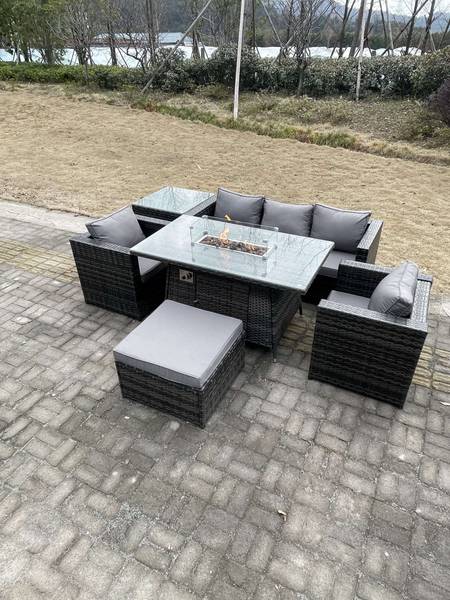 Outdoor Rattan Gartensofa Set 6 Sitzer Grau - Webstoff - Polyresin - 65 x 66 x 176 cm