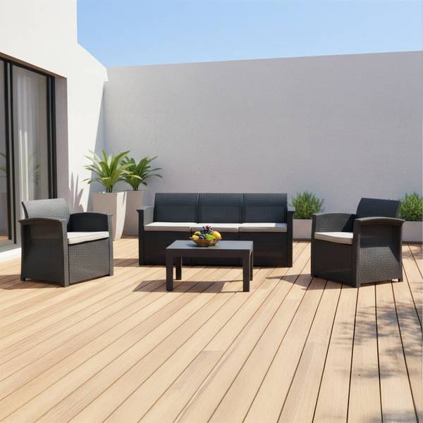 4-teiliges Gartenmöbel Set Rattan Schwarz - Grau - Polyester - 60 x 75 x 174 cm