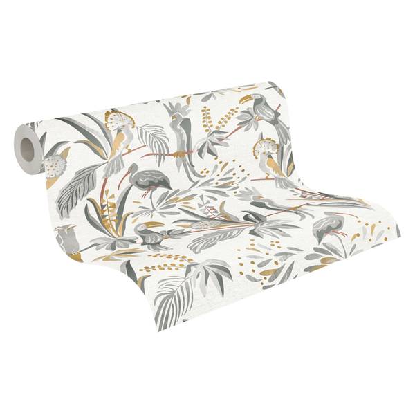 Vliestapete Vogel Floral Grau Gelb Rot Grau
