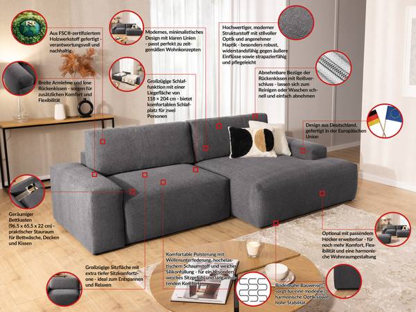 Ecksofa Lennon mit Hocker Graphit - Ecke davorstehend rechts