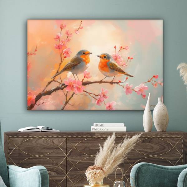 LEINWANDBILD Rotkehlchen Pink - Baumwollstoff - 120 x 80 x 2 cm