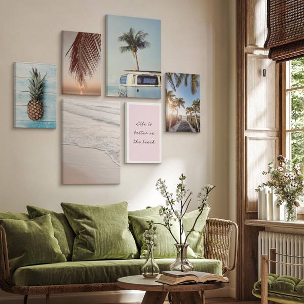 Set De Tableaux Mer Palmiers Nature 3D Beige - Bleu - Marron - Lin - 90 x 80 x 80 cm