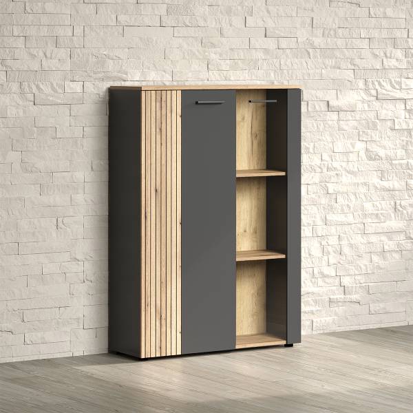 Vitrinenschrank Esteban Grau - Holz teilmassiv - 90 x 132 x 34 cm