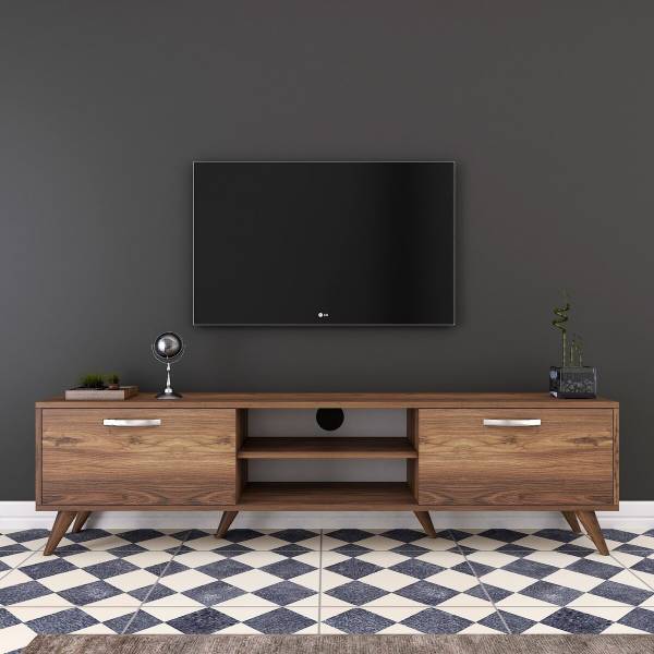 Meuble TV 2 portes rabattables 2 niches Imitation noyer