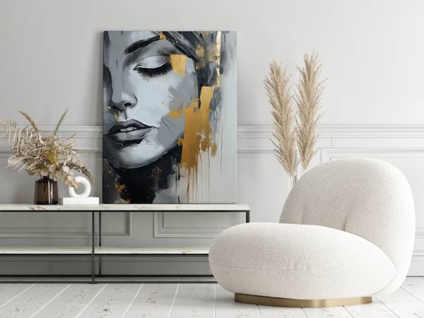 Afbeelding Het gezicht VROUW beige - zwart - bruin - grijs - linnen - 40 x 60 x 60 cm
