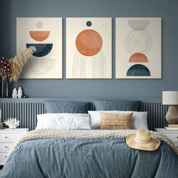Leinwandbilder KREISE Boho 3-er Set Beige - Schwarz - Blau - Braun - Orange - Türkis - Leinen - 90 x 40 x 40 cm