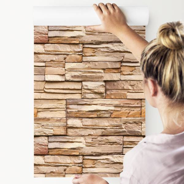 Papier Peint pierre ardoise effet 3D Beige - Orange - Papier - 53 x 1000 x 1000 cm