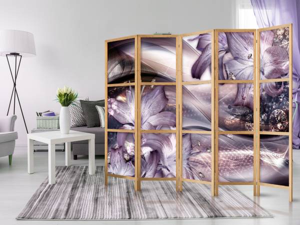 Paravent Aquarell Blumen 5-tlg Braun - Grau - Pink - Violett - Holzwerkstoff - Textil - 225 x 172 x 172 cm
