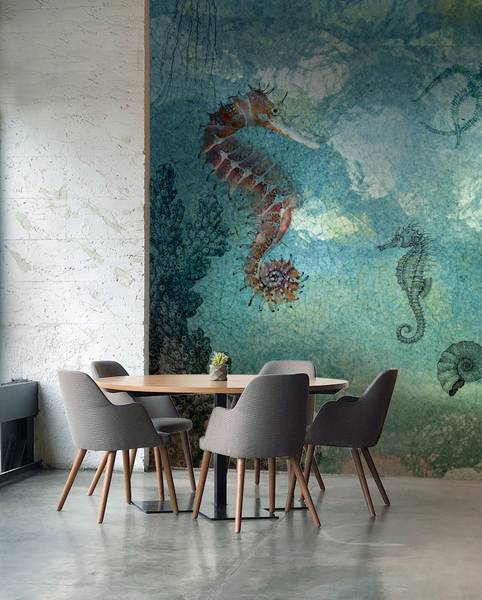 Panorama-Tapete Seahorse Blau - Papier - 192 x 280 x 192 cm