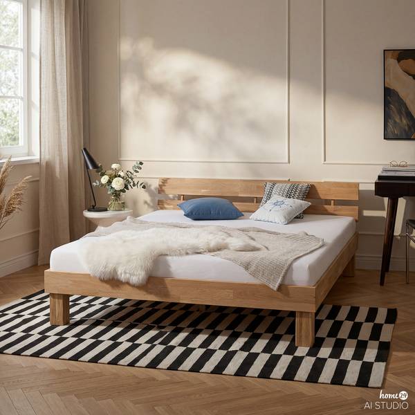 Massivholzbett AresWOOD Eiche Weißöl - 140 x 200cm - Mit Kopfteil