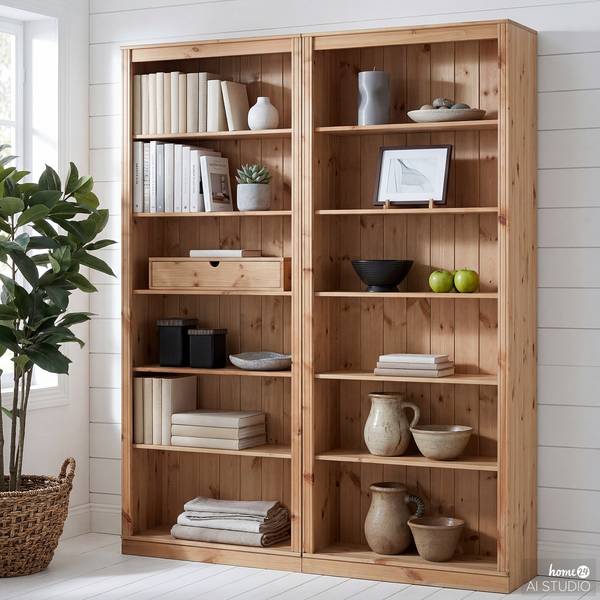 Bibliothèque Louis Pin massif, teinté et huilé - Couleur bois