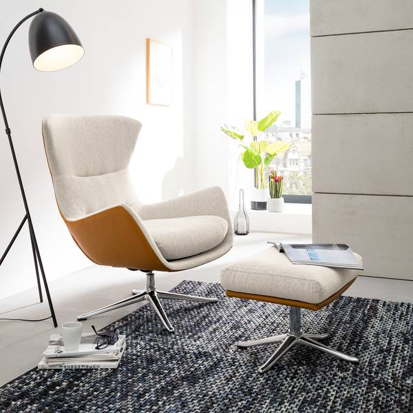 Sessel HEPBURN mit Kreuzfuß Webstoff Saia / Echtleder Neka: Beige / Cognac - Chrom glänzend