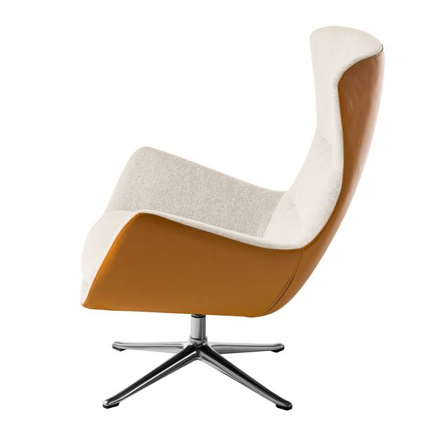 Sessel HEPBURN mit Kreuzfuß Webstoff Saia / Echtleder Neka: Beige / Cognac - Chrom glänzend