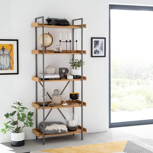 Bücherregal DHARAI - Breite 80 cm Echtholzfurnier / Metall - Eiche / Silber