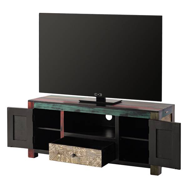 TV-Lowboard Goa III Mango teilmassiv - Mango Dunkelbraun / Blau