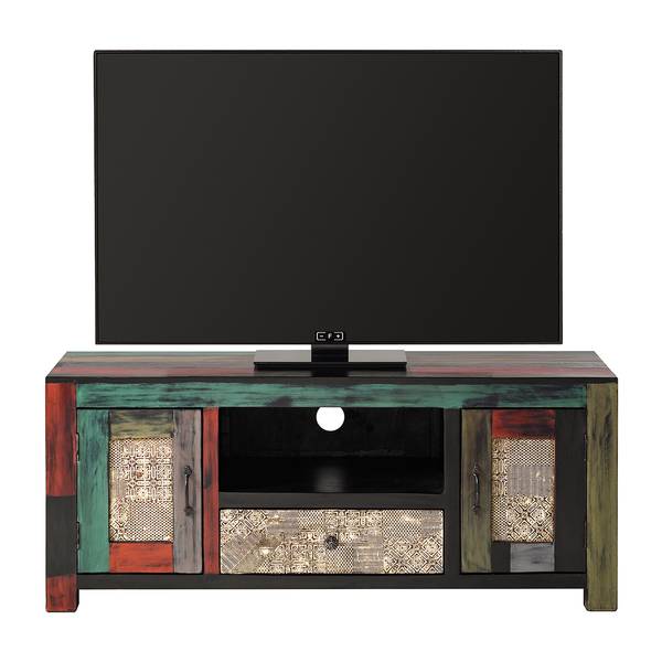 TV-Lowboard Goa III Mango teilmassiv - Mango Dunkelbraun / Blau