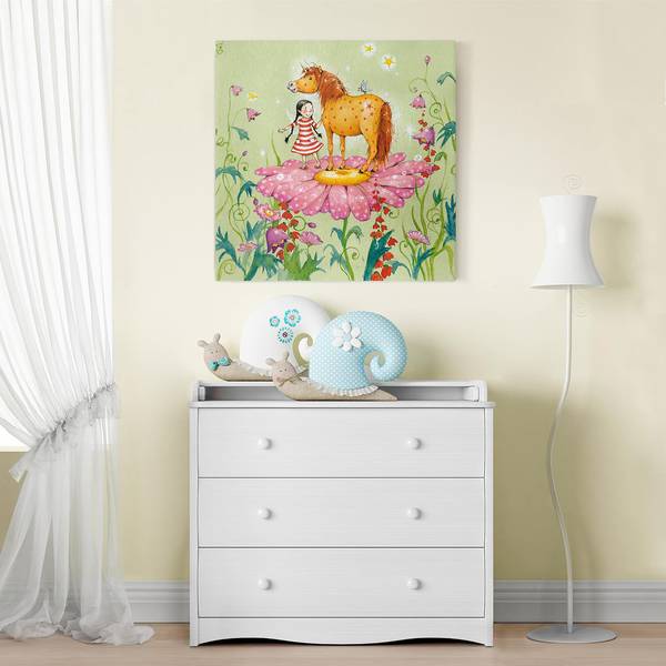 Tableau déco poney magique Toile / Épicéa massif - Multicolore - 40 x 40 cm