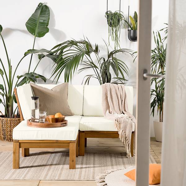 Fauteuil d’angle d’extérieur LEXI Tissu / Acacia massif - Blanc laine