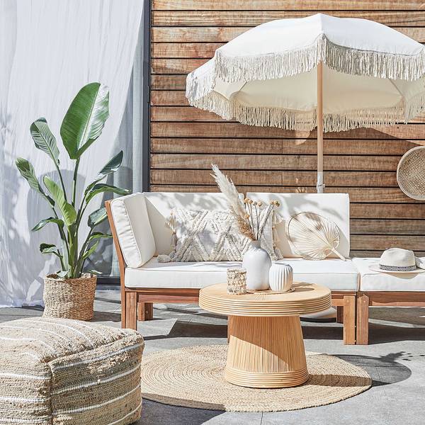 Fauteuil d’angle d’extérieur LEXI Tissu / Acacia massif - Blanc laine