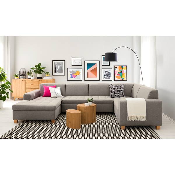 Wohnlandschaft Roblin Webstoff Bona: Graphit - Longchair davorstehend links / Ottomane rechts - Schlaffunktion