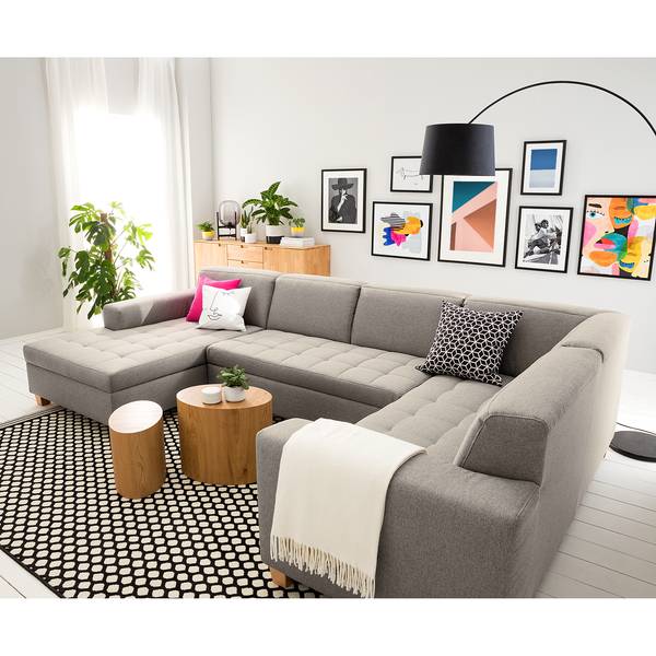 Wohnlandschaft Roblin Webstoff Bona: Graphit - Longchair davorstehend links / Ottomane rechts - Schlaffunktion