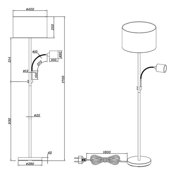 Stehleuchte Hotel I Mischgewebe / Aluminium - 1-flammig - Weiß
