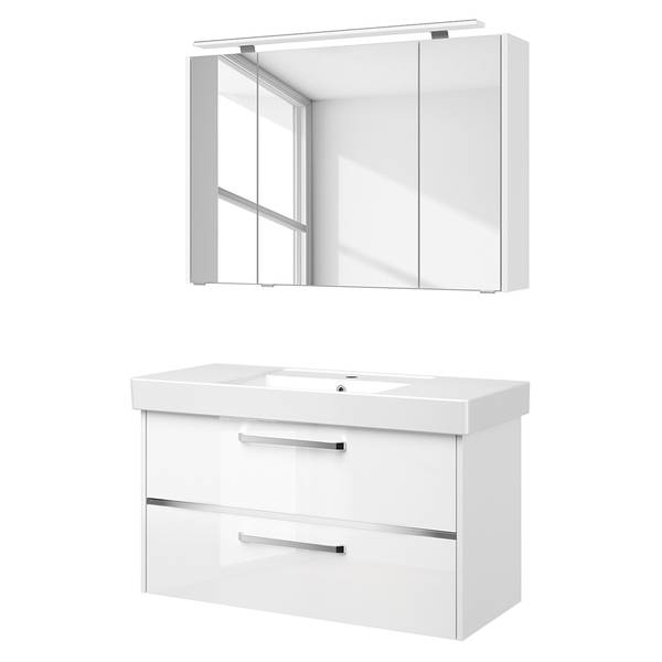 Salle de bain 3050 II (2 éléments) Éclairage tiroir inclus - Avec vasque en céramique - Blanc brillant - Largeur : 105 cm