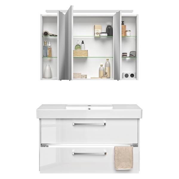 Salle de bain 3050 II (2 éléments) Éclairage tiroir inclus - Avec vasque en céramique - Blanc brillant - Largeur : 105 cm