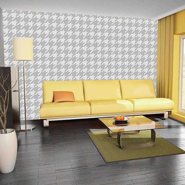 Papier peint intissé Dogtooth Check Intissé premium - Blanc / Gris - 350 x 245 cm