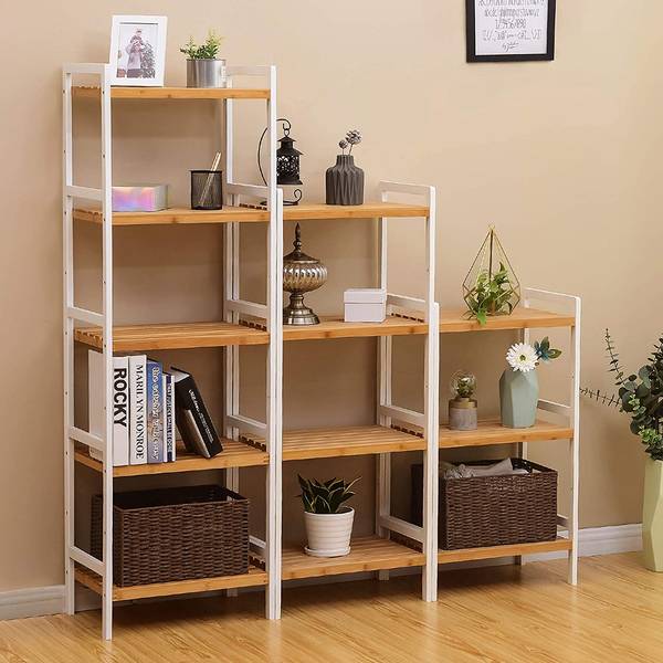 Étagère de salle de bain Lowland Bambou massif - Blanc / Bambou