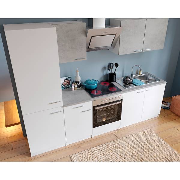 Cuisine Malia IV Appareils électroménagers inclus - Blanc / Béton - Blanc - Largeur : 270 cm