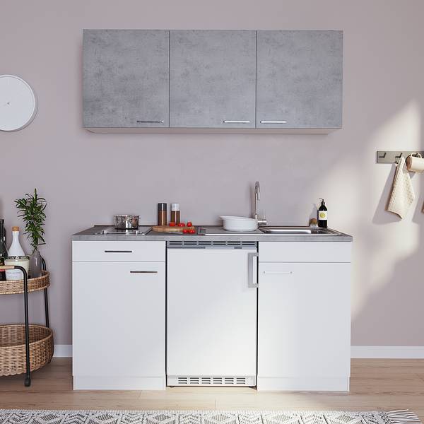 Singleküche Luis III Weiß / Beton Dekor - Breite: 150 cm - Glaskeramik