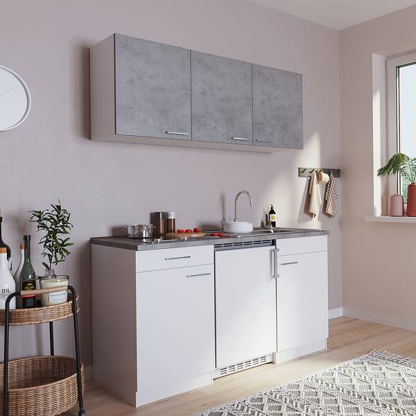 Singleküche Luis III Weiß / Beton Dekor - Breite: 150 cm - Glaskeramik
