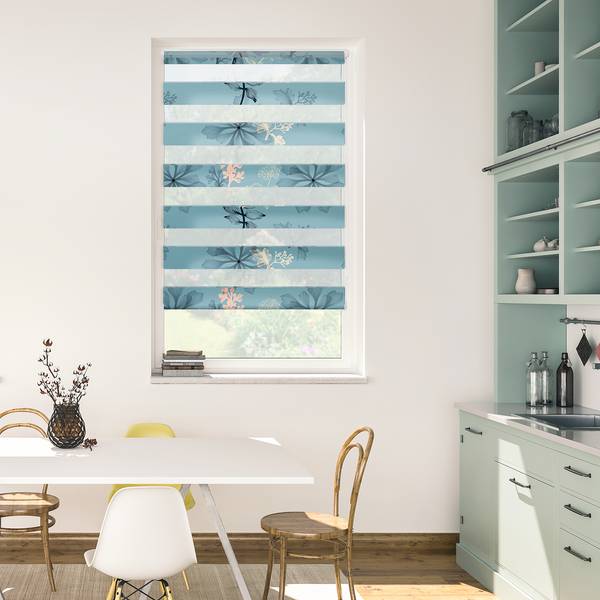 Klemmfix Duo Rollo Aqua Floral Polyester - Blau - 100 x 150 cm